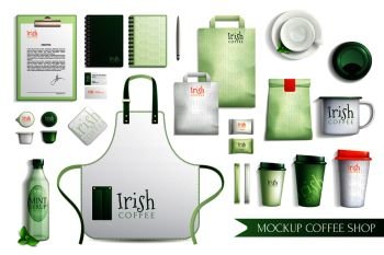Mockup coffee shop design set of isolated elements cover slut paper bags cups and sweets vector illustration. Irish Coffee Merch Collection