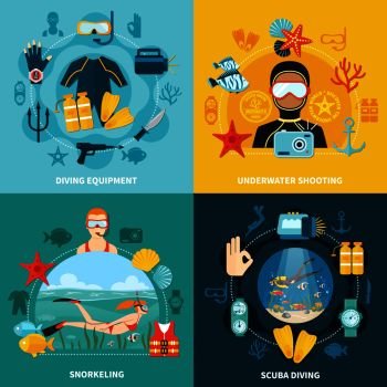 Diving design concept with equipment including gun and knife, underwater shooting, snorkeling, scuba swimming isolated vector illustration . Diving Design Concept