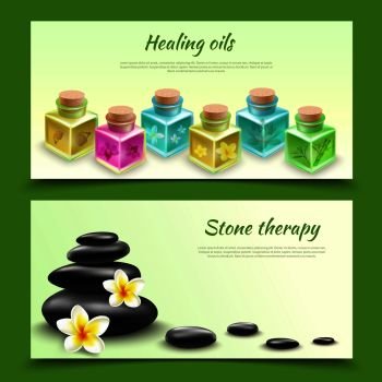 Spa realistic horizontal banners with healing oil phials and black stones for massage procedure vector illustration. Spa Realistic Horizontal Banners