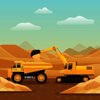 Construction machinery for ground works composition with excavator loading dumper truck with sand flat vector illustration. Construction Machinery Composition
