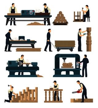 Carpentry factory set of isolated image compositions with woodworking machinery and human characters attending to machines vector illustration. Woodworking Carpentry Factory Set