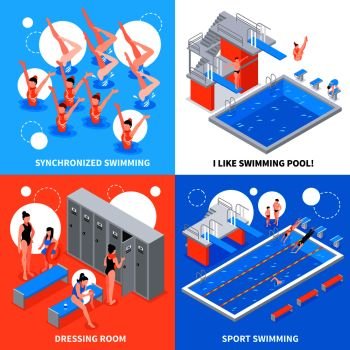 Isometric swimming pool design concept with four compositions of different water sport competitions and dressing room vector illustration. Swimming Pool Design Concept