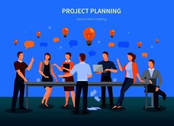 Project planning concept with startup conference meeting and brainstorming symbols illustration. Project Planning Illustration