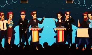 Presidential election candidates engaged in political debates in front of potential voters silhouettes cartoon poster vector illustration . Politics Election Debates Cartoon Illustration 