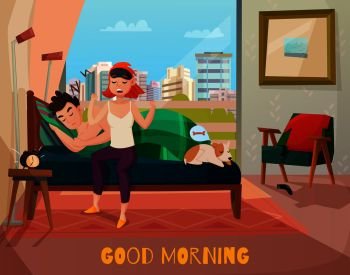 Morning waking of couple scene with sleeping man, yawning woman in pyjamas on window background vector illustration . Morning Waking Of Couple Illustration