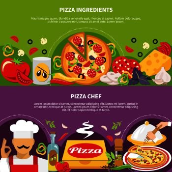 Pizza horizontal banners set with text and flat image compositions with pieces of various filler slices vector illustration. Pizza Master Banners Collection