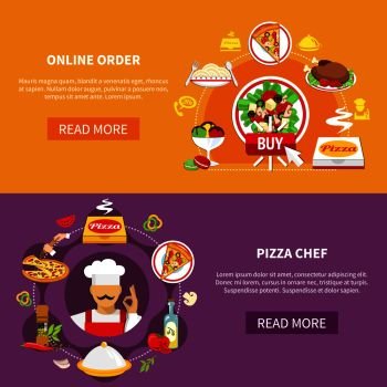 Set of two horizontal pizza banners with images silhouette pictograms editable text and read more button vector illustration. Order Pizza Banners Set