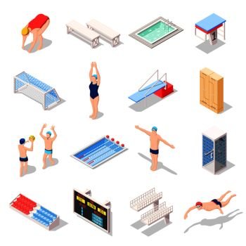 Sport swimming pool set of isometric icons with athletes, diving boards, tribunes, lockers, shower isolated vector illustration. Sport Swimming Pool Isometric Icons