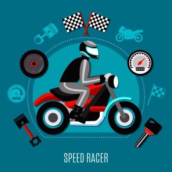 Speed Racer design concept with biker in helmet riding on motorcycle and repair parts decorative icons flat vector illustration . Speed Racer Design Concept