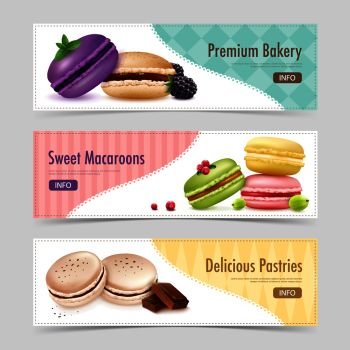 Three horizontal macaroons banners set with realistic macaroon goods and berries images text and info button vector illustration. Sweet Ratafee Pastry Banners