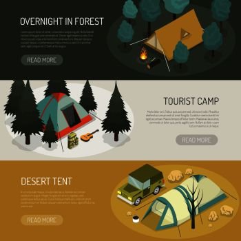 Camping tents choices tips for different purposes and capasity 3 horizontal banners webpage design isolated vector illustration. Camping Tents Choices Horizontal Banners Set