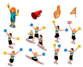 Cheerleading competition sport stunt collection with group of female characters in different poses isolated images set vector illustration. Cheerleading Competition Characters Set