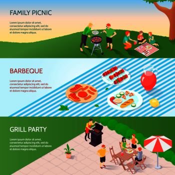 Set of horizontal isometric banners with grill party, family picnic, barbecue at table isolated vector illustration. Grill Party Isometric Banners