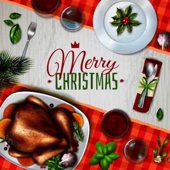 Colored realistic turkey christmas illustration with festive table and merry Christmas headline vector illustration. Realistic Turkey Christmas Illustration