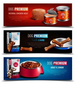 Set of three premium dog food horizontal banners with images of product package and filled dish vector illustration. Puppy Chow Horizontal Banners