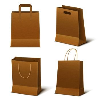 Set of four empty shopping bags made from brown paper in realistic style isolated vector illustration. Empty Paper Shopping Bags Set
