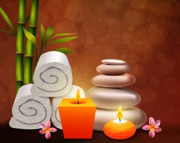 Spa realistic design concept with yellow aroma candles white towels and stones frangipani pink flowers and  green bamboo stems vector illustration. Spa Realistic Design Concept