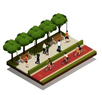 Urban landscape composition with people in city park riding personal eco green transport isometric vector illustration . Urban Composition With Eco Transport