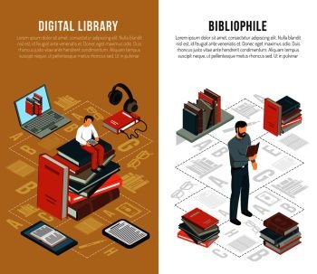 Set of two vertical isometric book reading banners with bibliophile human characters books and gadgets flowchart vector illustration. Library Network Vertical Banners
