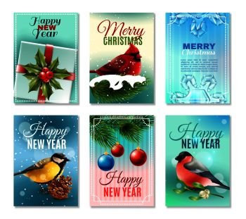 Set of christmas winter cards with birds, fir branches and berries, holiday decorations, snow isolated vector illustration. Christmas Winter Cards Set