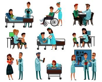 Set of characters doctors and patients during examination, discussion x-ray, hospital treatment isolated vector illustration  . Doctors Patients Characters Set