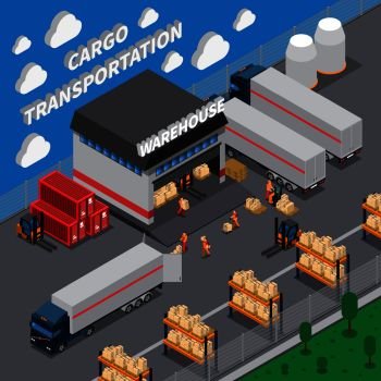 Cargo transportation isometric composition with warehouse, parking, shelves with goods, loading packages in truck vector illustration. Cargo Transportation Isometric Composition