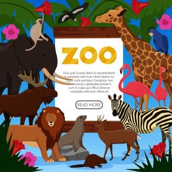 Zoo poster with cartoon collection of exotic wild animals inhabitants of tropical jungle savannah and tundra flat vector illustration . Zoo Cartoon Poster