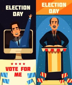 Politics election campaigning 2 cartoon vertical banners set with racing for president candidate speech isolated vector illustration . Politics Election Campaigning Vertical Banners 