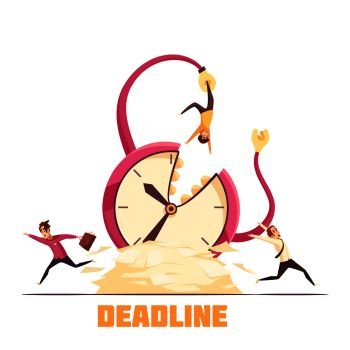 Deadline disaster warning cartoon composition poster with hanging from bursting clock and running away personnel vector illustration . Deadline Disaster Cartoon Composition Poster 