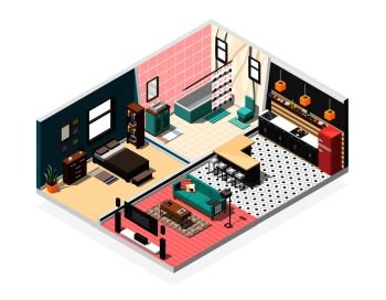 Isometric interior house rooms background composition with scenic view of private apartment with bathroom and kitchen vector illustration. Isometric Apartment Interior Background