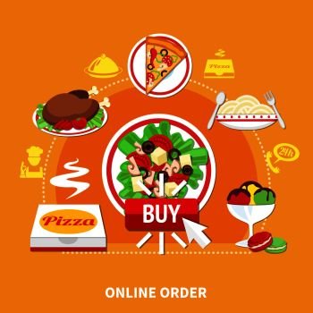 Pizza online order round composition with flat isolated images of various restaurant dishes and silhouette pictograms vector illustration. Buy Pizza Round Composition