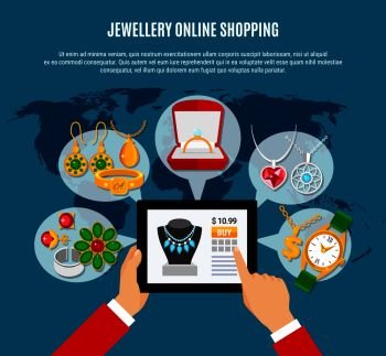 Jewelry online shopping composition with gadget in hands, female and male decorations on blue background vector illustration. Jewelry Online Shopping Composition