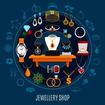 Jewelry shop round composition with female and male decorations including hand watch on blue background vector illustration. Jewelry Shop Round Composition