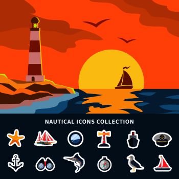 Nautical icons collection with yacht sunset and lighthouse flat vector illustration. Nautical Icons Collection