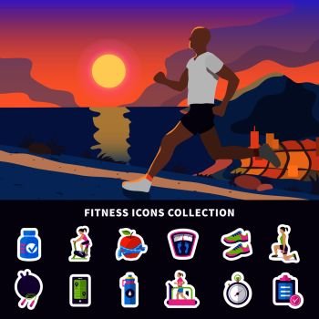 Fitness flat icons collection with running man, sport app, diet nutrition, gym, exercise equipment isolated vector illustration . Fitness Icons Collection