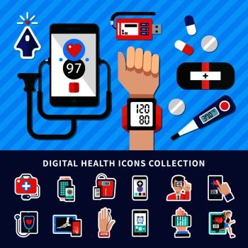 Digital health flat banner icons collection with medical electronic mobile wearable personal diagnostic devices symbols vector illustration . Digital Healthcare Flat Icons Collection       