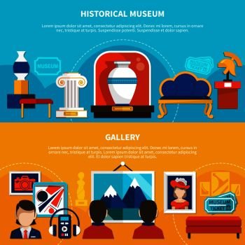 Historical museum and gallery horizontal banners with antique exposits and people visiting picture exhibition vector illustration . Historical Museum And Gallery Banners
