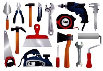 House repair renovation remodeling realistic carpentry tools set with claw hammer saw screwdriver measure tape vector illustration . Repair Renovation Carpentry Tools Set