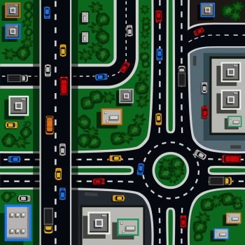 Traffic city roads intersections top view flat poster plan map detail toddler baby floor mat vector illustration . Traffic City Top Flat Poster