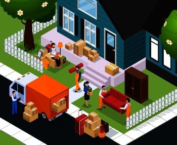 Relocation isometric composition with people and stuffs near house, loading furniture and boxes in truck vector illustration . Relocation Isometric Composition