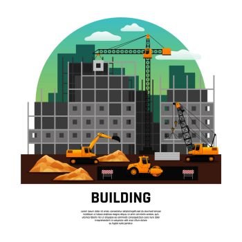 Modern building construction site with cranes and excavator machinery at work flat half-rond composition vector illustration . Building Construction Machinery Flat Composition 