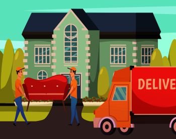 Courier furniture movers professional service orthogonal composition poster with transportation truck and sofa delivery moment vector illustration . Courier Delivery Service Orthogonal Composition 