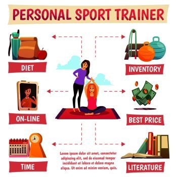 Personal sport trainer flowchart including yoga with instructor, diet, online help, equipment, literature, price vector illustration. Personal Sport Trainer Flowchart
