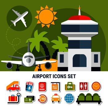 Air travel flat banner with airport traffic control tower and passengers service symbols icons set vector illustration . Airport Service Flat Icons Set
