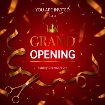 Grand opening invitation card poster with realistic golden scissors cutting ribbon and crown red background vector illustration . Realistic Grand Opening Invitation Pattern