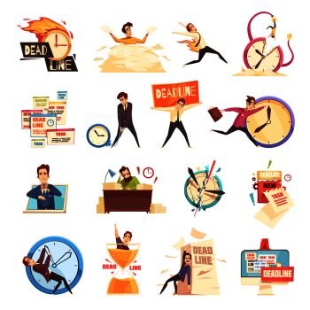 Workload deadline disasters project managers work related stress and burnout symbols cartoon icons collection isolated vector illustration   . Deadline Time-Limit Icons Set 