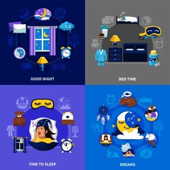 Bedtime sleep 4 flat icons concept square with bedroom accessories nighttime darkness night dreams symbols vector illustration . Bedtime 4 Flat Icons Square