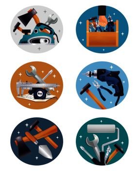 Carpenter repairman construction worker instruments tools kit realistic compositions round icons with colorful background collection vector illustration . Carpenter Tools Realistic Compositions Icons 