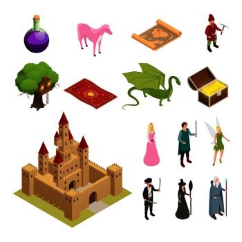 Fairy tale isometric icons set with castle dragon knight princess treasure chest magic carpet isolated vector illustration . Fairy Tale Isometric Icons Set 