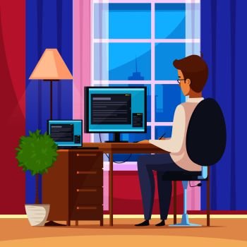 Designer artist at home with computer chair and table flat vector illustration . Designer Artist Illustration